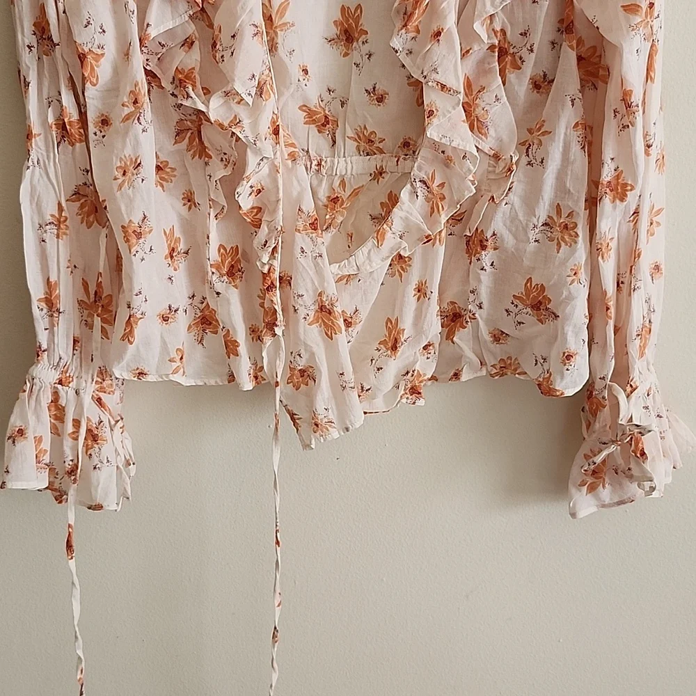 Free People Rust Cream Ruffled Wrap Blouse Boho Womens Large